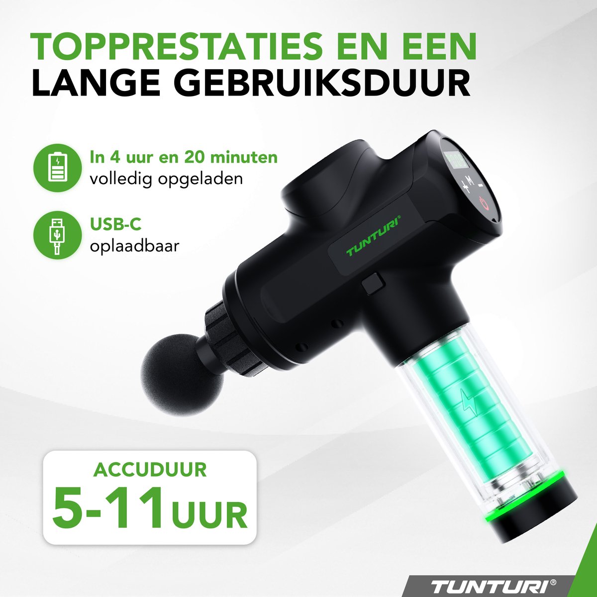 Afbeelding 3 van Tunturi MG50 Massage Gun - Incl. Opzetstukken en koffer - Oplaadbaar massage apparaat - Massage pistool - Kleur: zwart