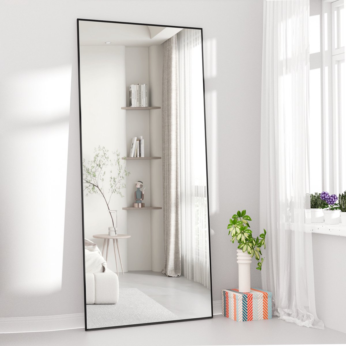 Miroir Sur Pied Clevich 162x53 Cm - Miroir Mural Ou Sur Pied Avec Support | Anti-Explosion Et Cadre Or/Noir