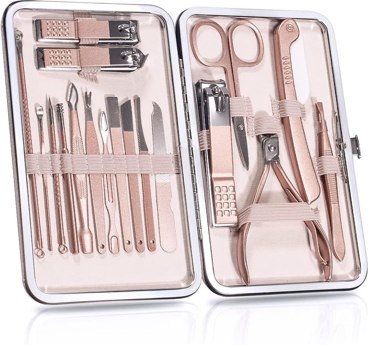 Manicureset 18 stks Nail Clippers Pedicure Kit met PU Lederen Case Nail Care Kit Professionele Gereedschap Gift voor Vrouwen Vrouw Manicureset Ouders (Rose Gold)