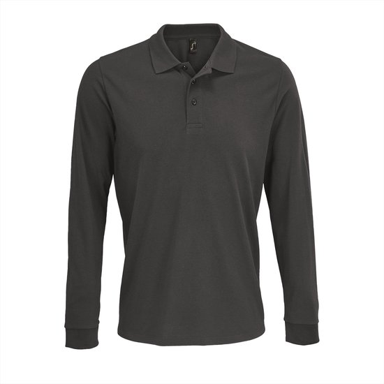 Donkergrijze polo met lange mouwen van SOL'S. Een effen poloshirt met een kraag en knoopsluiting.