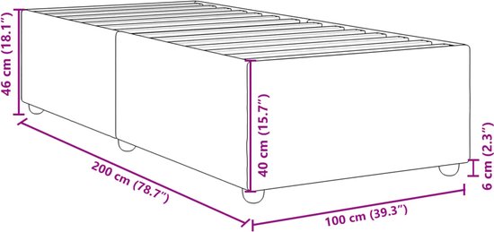Dimensions du cadre de lit rembourré gris foncé : 200x100x46 cm (Lxlxh), hauteur des pieds 6 cm.