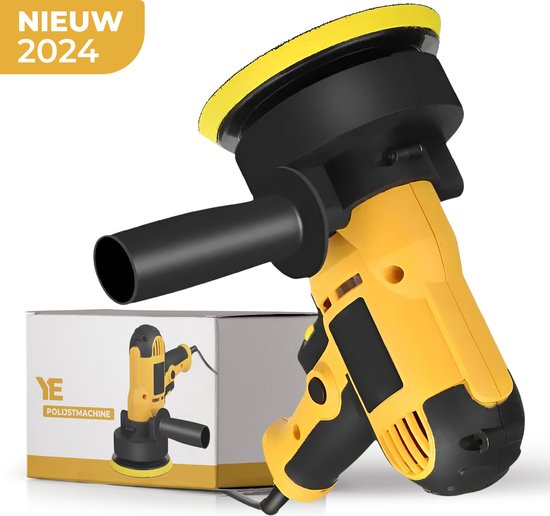 Gele en zwarte polijstmachine met een gele polijstschijf. Naast de machine staat een doos met een afbeelding van de polijstmachine. Nieuw 2024.