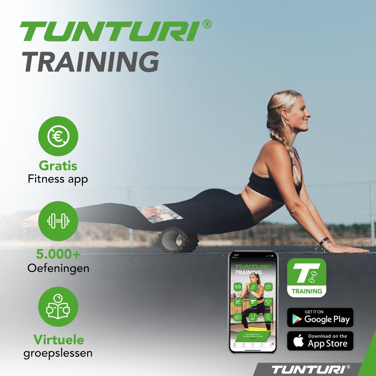 Tunturi Yoga Grid Foam Roller - Massage Roller - Foamroller - Fitness Roller - Zwart - 33cm - Incl. gratis fitness app thumbnail 4
