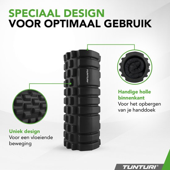 Zwarte Tunturi foamroller met uniek design en holle binnenkant voor het opbergen van een handdoek.