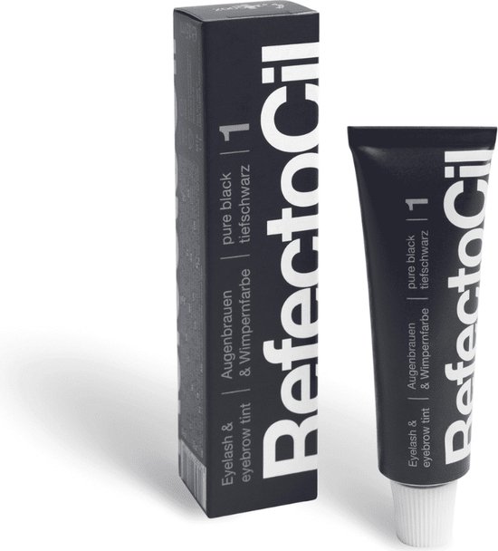 RefectoCil pure black 1, oogschaduw- en wimperverf, 15ml tube en verpakking.