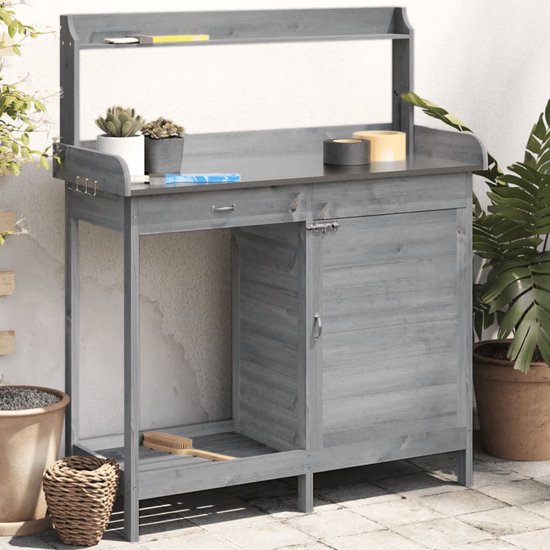vidaXL Table de rempotage - Tables de remportage - Table de travail de jardin - Table de rempotage - Table de rempotage avec armoire 110,5 x 45 x 124,5 cm Pin massif gris