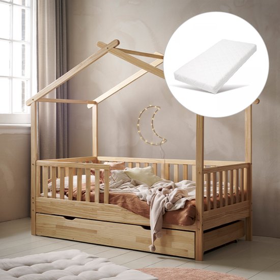 Foto: Bedhuisje 80x160 cm warm naturel met matras montessori peuterbed voor uren speelplezier huisbed inc beschermende bedhekjes maison collectie