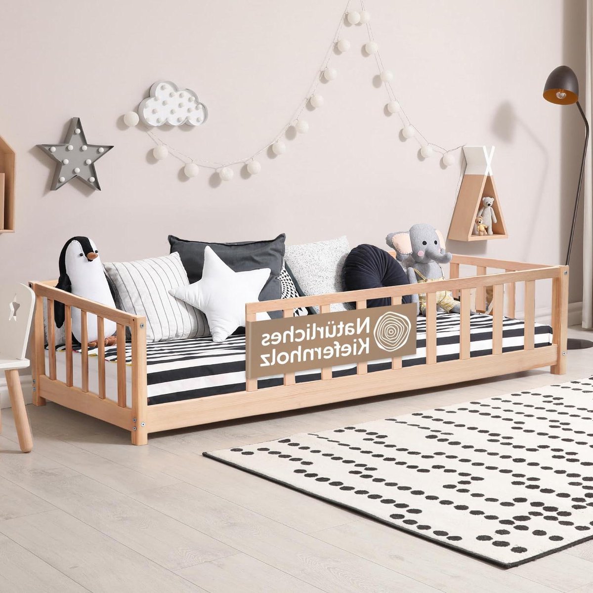 CADANI Timi Kinderbed 140x200 cm vloerbed, afneembare valbeveiliging, tot 200 kg belastbaar, rollaatbodem, Montessori grenen massief houten bed, 3 opbouwvarianten, ombouwbaar, wit