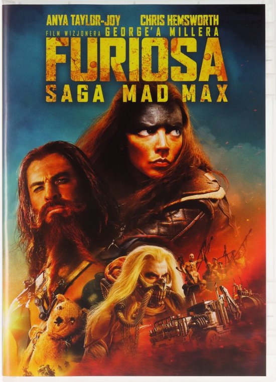 Affiche voor Furiosa: A Mad Max Saga met Anya Taylor-Joy en Chris Hemsworth, omringd door beelden van de film.