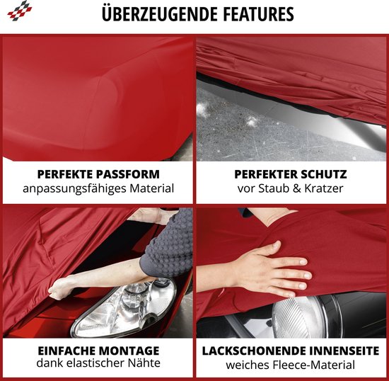 Vier afbeeldingen die de kenmerken van de Walser autoverdekking tonen: perfecte pasvorm, perfecte bescherming, eenvoudige montage, lakvriendelijke binnenkant.