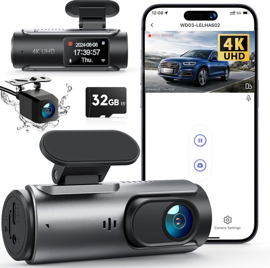 Dashcam 4K avec écran, caméra de recul séparée, carte SD 32 Go et application pour smartphone.
