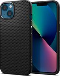 Zwart iPhone 13 Mini hoesje met een driehoekig patroon en de telefoon ernaast.