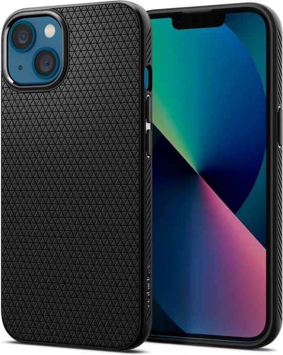 Zwart iPhone 13 Mini hoesje met een driehoekig patroon en de telefoon ernaast.