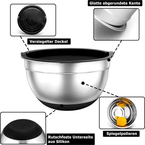 Bol mélangeur en acier inoxydable avec couvercle noir. Caractéristiques : couvercle scellé, bord arrondi lisse, finition miroir, base antidérapante.
