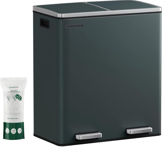 Poubelle Vert Gris - Poubelle à pédale 2x30 litres avec fermeture amortie et système de tri des déchets