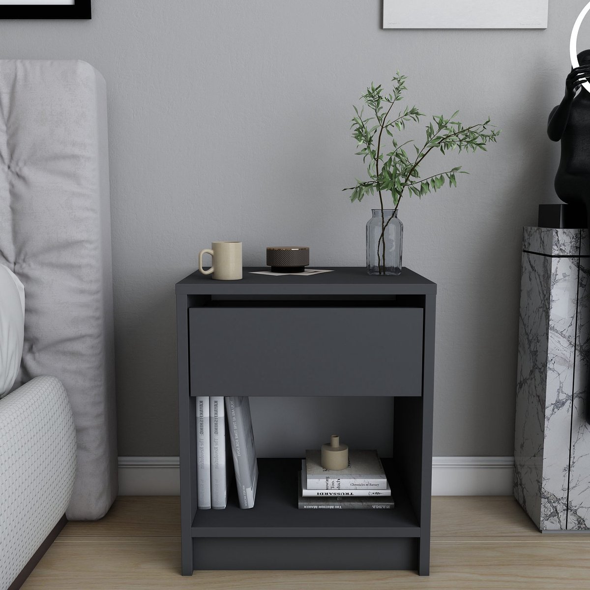 Skye Decor , Nachtkastje, Sheridan - Anthracite, Gemelamineerde spaanplaat, Antraciet, 44,6 x 35,9 x 52,8 cm