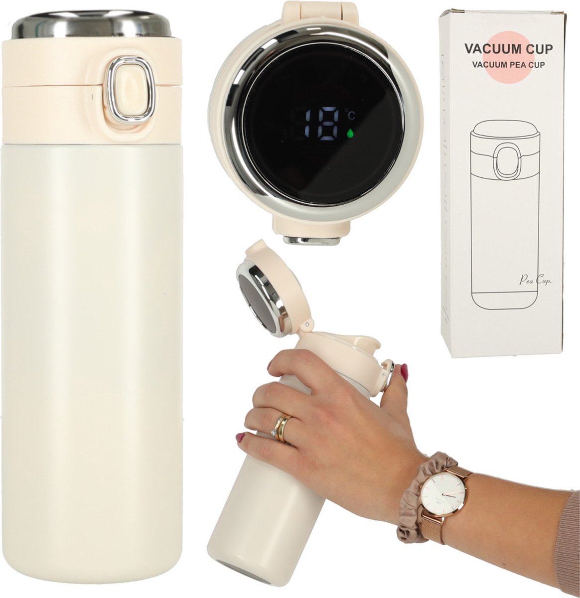 Thermosflesbeker LED Thermoskan - Mondstuk Met Tuit - 420ml - Beige