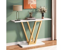 Tribesigns Console Tafel - Bijzettafel - Sidetable Morden met Metalen Basis in Roostervorm - Metalen Frame - Wit Goud - 110 x 30 x 80 cm