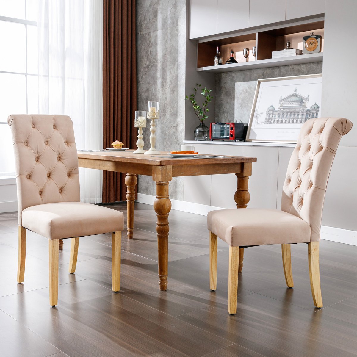 Gutent Fluwelen Eetkamerstoelen, Bruin , Set van 2, Eiken poten, Knoppen, Chroom kloppers, Slaapkamerstoelen, Keukenstoelen, Woonkamer Loungestoelen