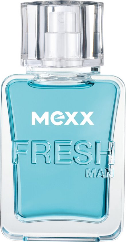 Mexx Fresh Man Eau de Toilette met blauwe vloeistof in een rechthoekige glazen fles met doorzichtige dop.
