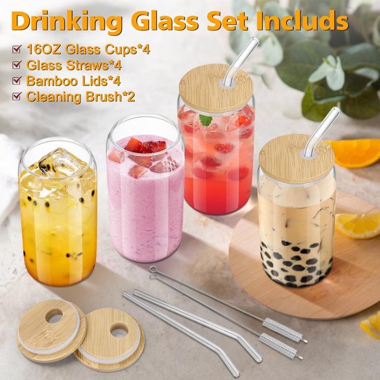 Creano Dubbelwandig drinkglas met bamboedeksel en rietje 360ml - Smoothie beker - Bubble Tea - Cocktailglas