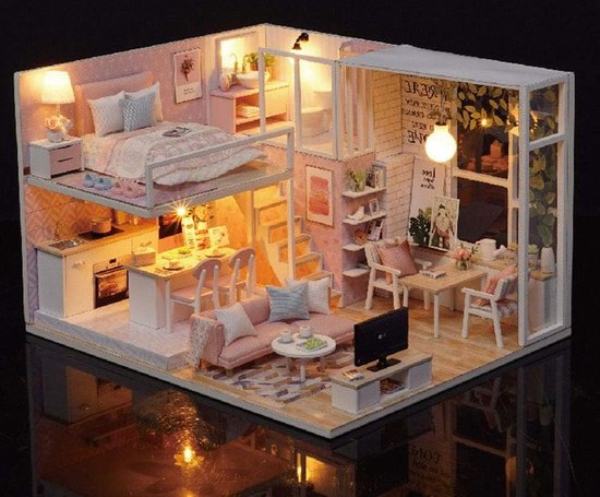 1:24 Miniature Dollhouse DIY Kit with LED Light Furniture and Transparent Lid - Wooden Dollhouse Assemble Kit
