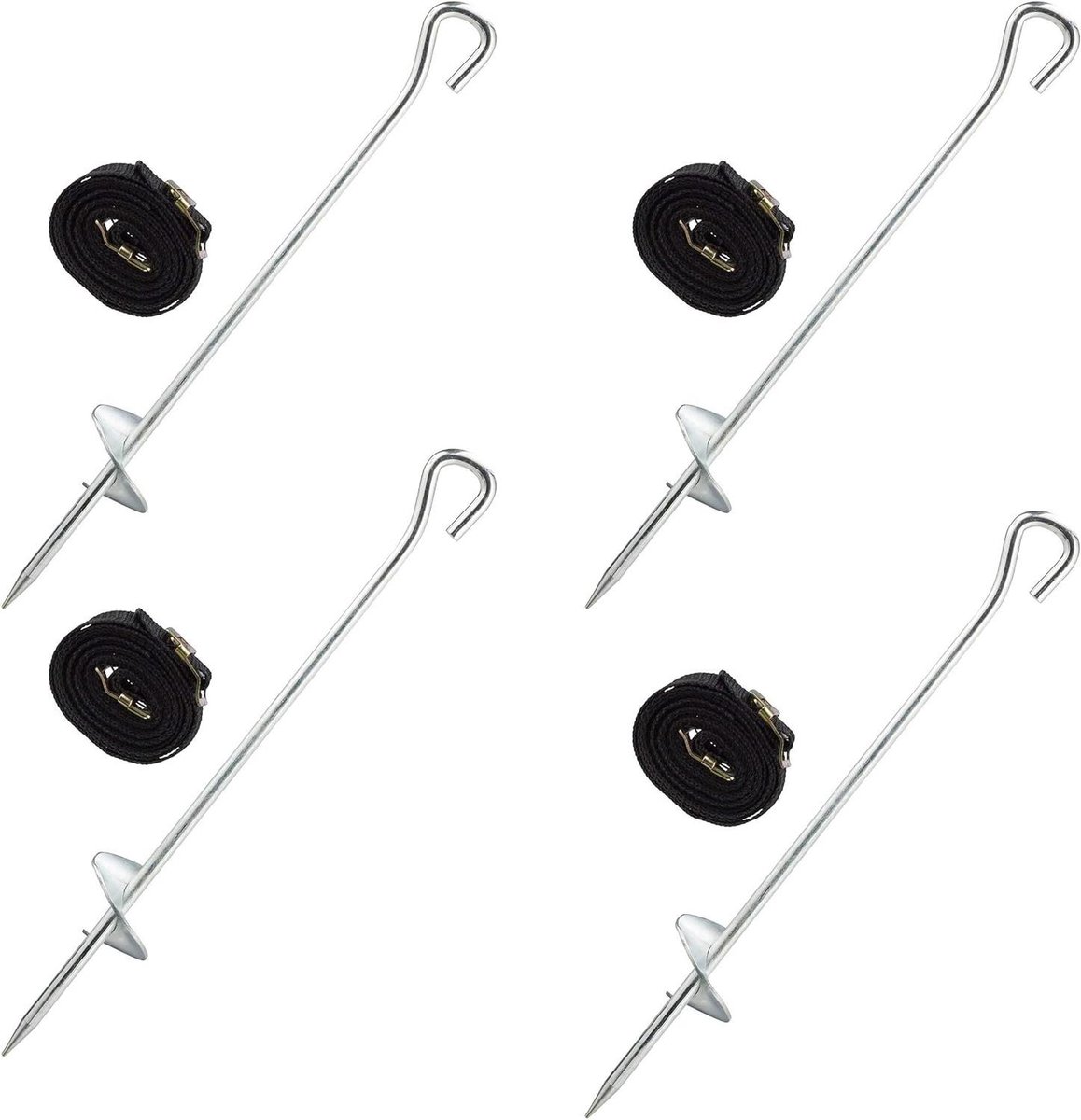 Goedkoopste 8 delige grondanker set - trampoline haringen en spanbanden - verzinkt staal - zwart/zilver