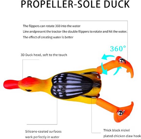 Actie4you® - Kunstaas eend - Softbait - Propeller pootjes - Snoek / Baars (Roofvissen) - Geel van Actie4you — afbeelding 2