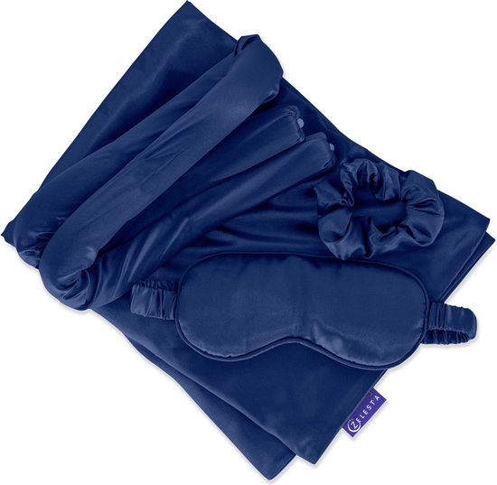 Zelesta® Set La Beauty au Bois Dormant Bliss Blue - Coffret de nuit en satin - Coffret cadeau femme - Taie d'oreiller en satin - Masque de nuit - Chouchous cheveux - - Coffret cadeau - Produits Cheveux bouclés