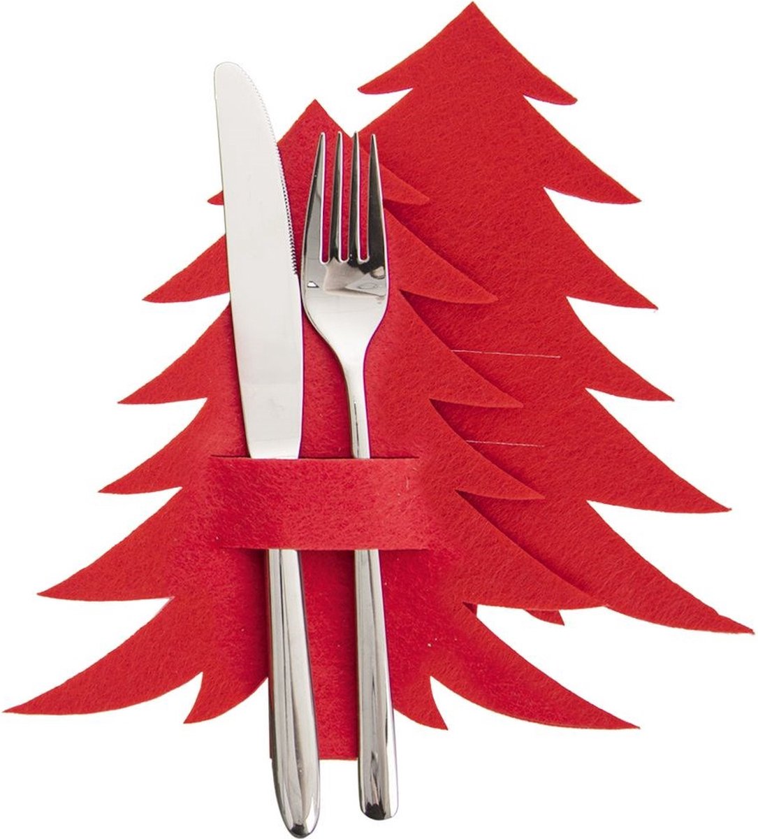 Bestekzakje Rood Kerstboom 2 stuks - Bestek Zakje - Bestekhoes - Bestekhouder voor Tafel