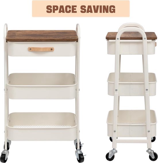 Winkelwagen Mobiele Utility Kar met Caster Wielen, 3 Tiers Metalen Rolling Utility Cart Opbergkar Mobiele Organizer Koffie Bar Winkelwagen Service Kar Trolley voor Keuken, Badkamer, Kantoor