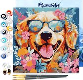 Fantaisie chien et fleurs - 20x20 cm La toile est déjà encadrée