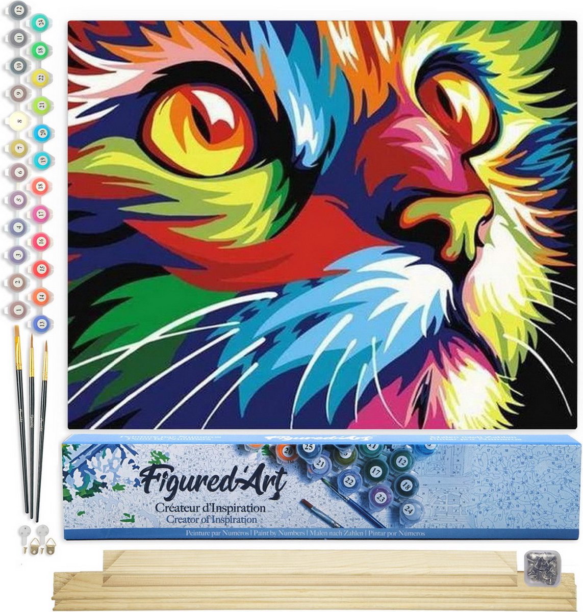 Figured'Art Schilderen op Nummer Volwassenen canvas Katachtige Pop-art - Handwerk acrylverf Kit DIY Compleet - 40x50cm met DIY houten lijst