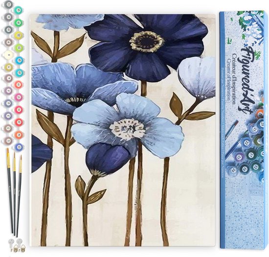Compleet schilderij op nummer kit met blauwe bloemen en acrylverf potjes.