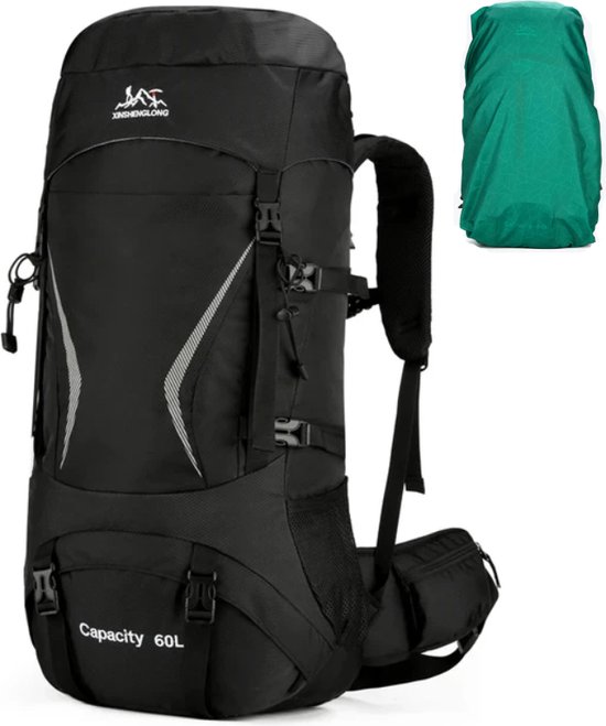 CarryQuest® - 60L - Hiking Rugzak - Rugzak - Backpacks - Backpack - Zwart - Waterdicht - Duurzaam - Nylon - Regenhoes - Kamperen - Wandelen - Trekking - Bergbeklimmen - Outdoor - Avontuur - Reizen - Reflecterende strips - Backpack Organizer