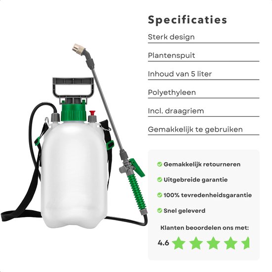Plantensproeier - Drukspuit - Verstuiver - Druksproeier - Plantenspuit - 5 Liter - Met Handvat - Sproeilans - Verstelbaar Mondstuk - Vergrendelbare Trekker - Veiligheidsventiel - Draagriem - Tuin Besproeien - Onkruid Verdelgen van Merkloos	 — afbeelding 2