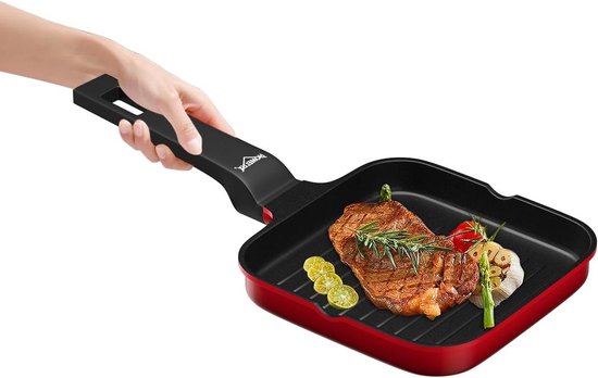 Kordisen Anti-aanbak grillpan met deksel voor kookplaten, 24 cm inductie vierkante grillpan voor binnen koken, granieten coating steak koekenpan met schenktuiten, veelzijdige bakplaat, wit