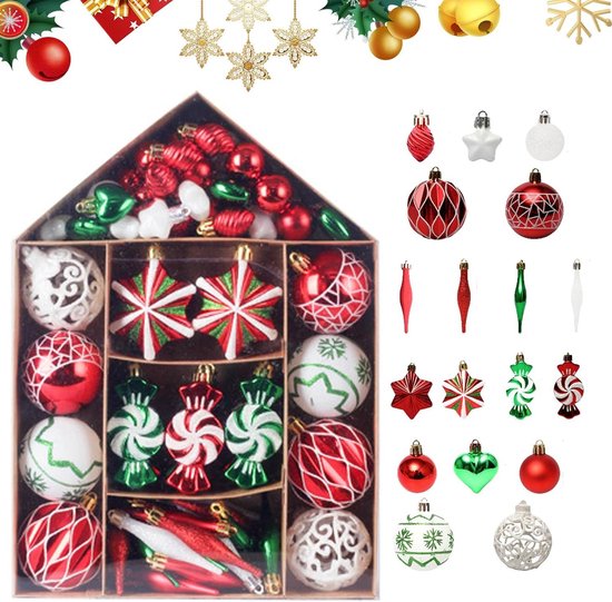 30 kerstballen, kerstdecoratieset, rood, groen kunststof
