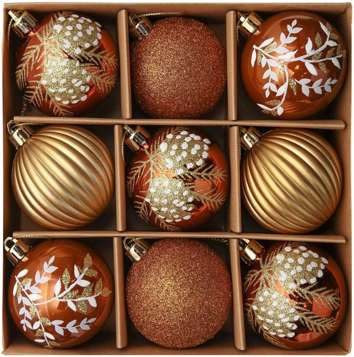 Set van 9 kerstballen in koper, goud en brons met luxe verpakking.