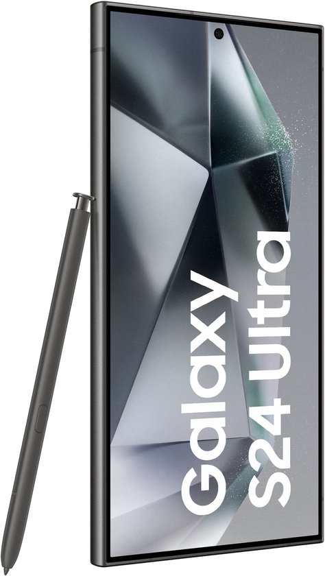 Donkergrijze Samsung Galaxy S24 Ultra met S Pen, met de tekst 'Galaxy S24 Ultra' op het scherm.