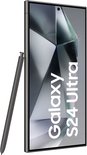 Donkergrijze Samsung Galaxy S24 Ultra met S Pen, met de tekst 'Galaxy S24 Ultra' op het scherm.