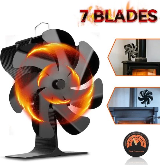 HAWCAFU Kachelventilator, magnetisch, 3-in-1, kachelventilator, zonder stroom, haardventilator met thermometer voor hout/brandhout/vuurplaats/kachelpijp, Stove Fan for Fireplace, met reserveonderdeel