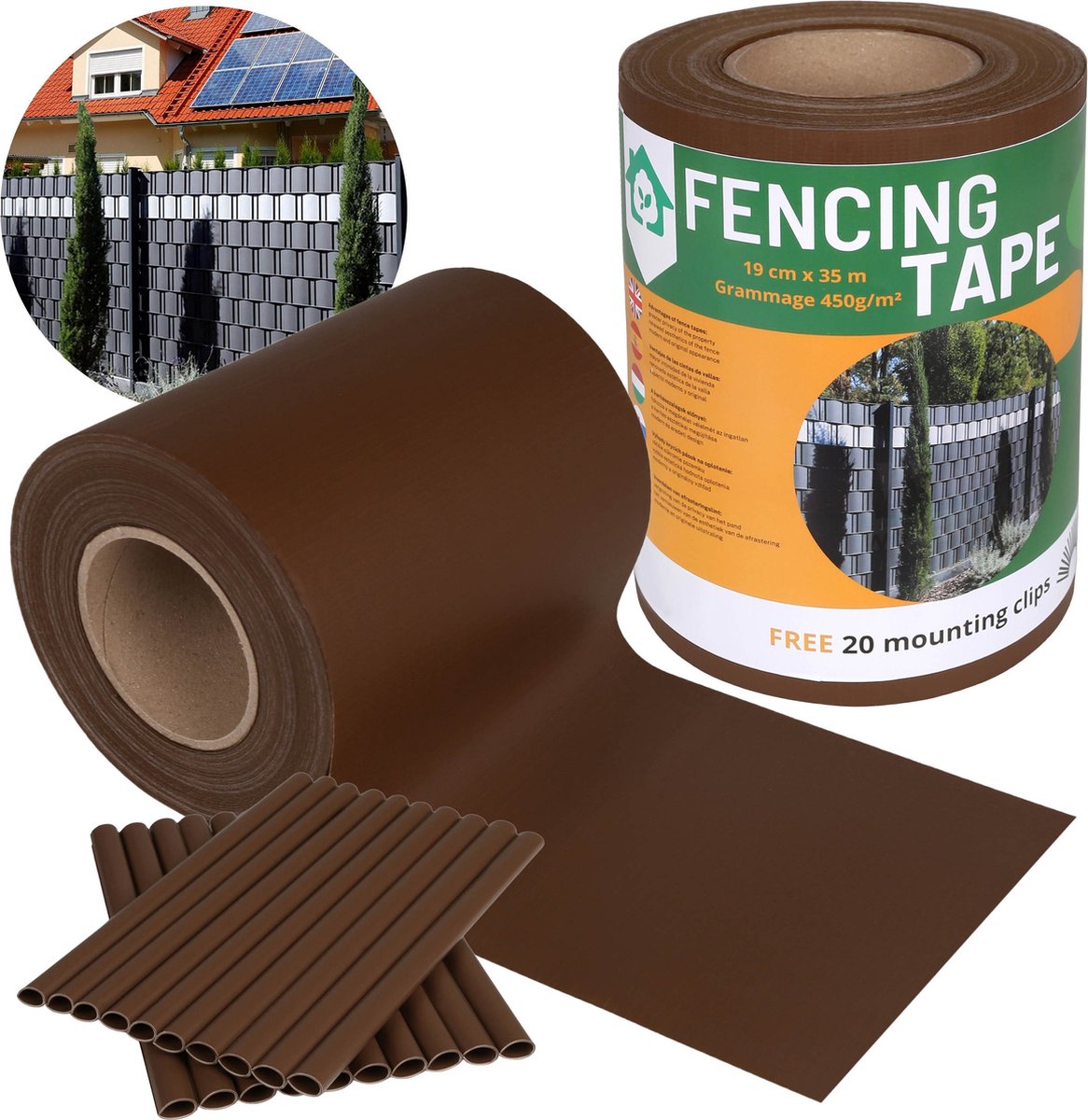 Schaduwrijke Vlechtband Hekwerk, beschermingsscherm UV 19 cm x 35 m - 450g/m2 + 20 bevestigingsclips