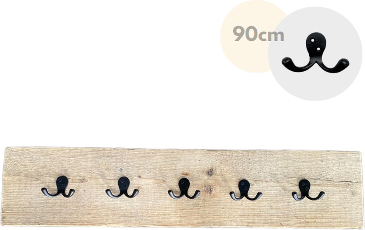 Wandkapstok - Kapstok - 5 haken - Wandplank - Kapstok haken zwart gietijzer - Steigerhout - 90 cm