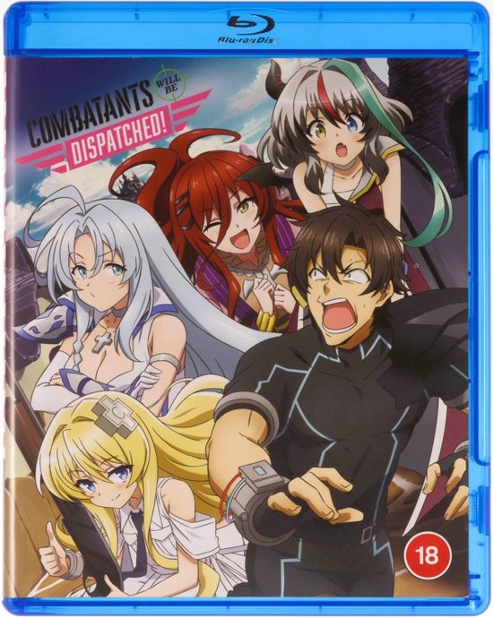 Anime-personages in een gevechtshouding op de voorkant van een Blu-ray hoes met de titel "Combatants Will Be Dispatched!".