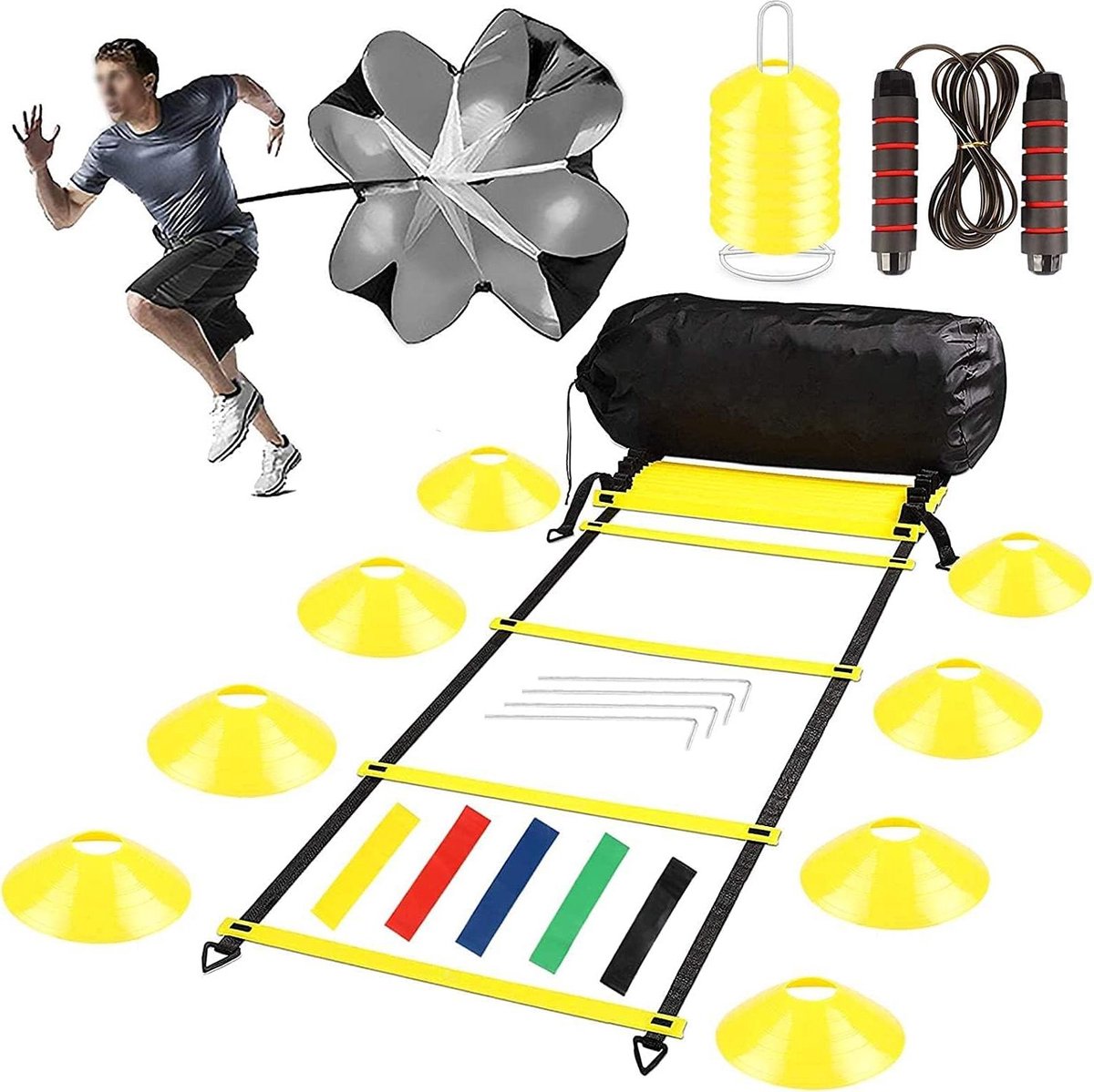Voetbaltrainingsset Agility Speed Coördinatieladder & Trainingsaccessoireset met 8 m Trainingsladder 16 Kegels Weerstandparachute Springtouw & 5 Weerstandsbanden Voetalbal trainingsmateriaal