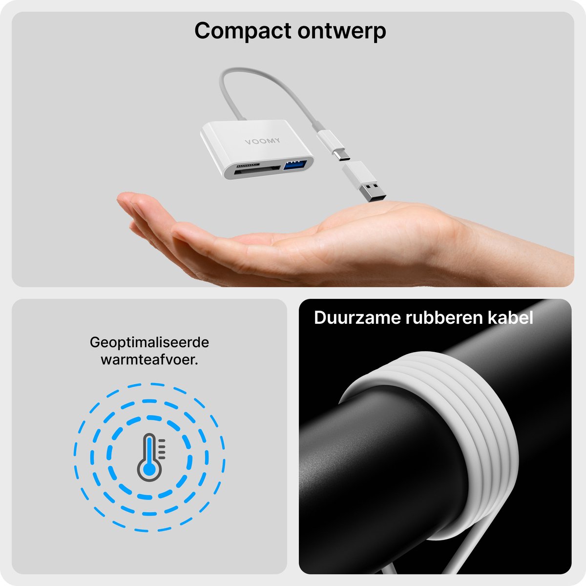 Voomy SD Kaart Lezer - 3 in 1 - SD / Micro SD / TF Card Reader - USB C & USB A - Kaartlezer Wit - Geschikt voor Laptop / Smartphone / Tablet / Universeel — afbeelding 6