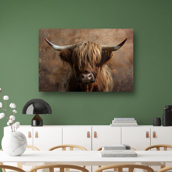 Schotse hooglander glasschilderij - Dieren - Schilderijen koe - Woonkamer decoratie industrieel - Wanddecoratie plexiglas - Slaapkamer muurdecoratie - Acrylglas 105x70 cm