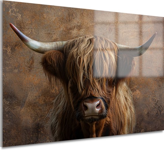 Tableau sur verre vache - Tableau sur verre Animaux - Peintures Cornes - Décoration salon industriel - Peintures plexiglas - Décoration chambre verre acrylique 105x70 cm
