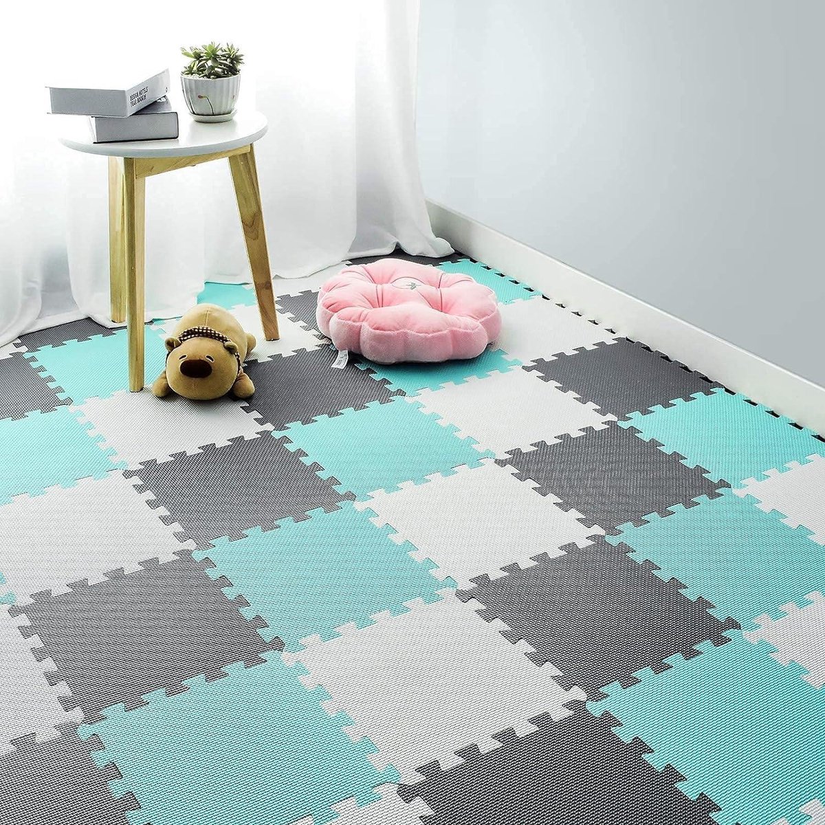 qqpp Soft Play Mat for Babies Floor EVA Foam Stackable Foldable Puzzle Pieces 18 Tiles (30 x 30 x 1 cm), Beige. QQC-Jb18N